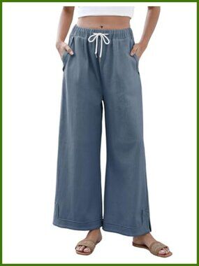 Cotton Blend Wide Leg Palazzo Lounge Pants Drawstring Pockets